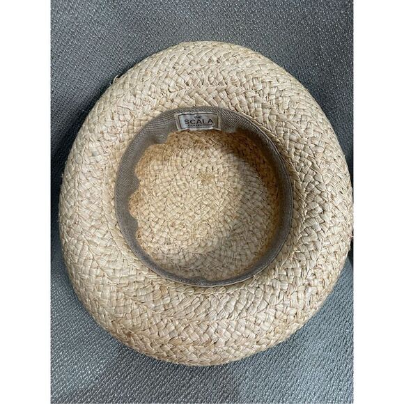 Vintage Scala Collection Woven Straw Hat Black Ribbon Trim Bow Feather Boho - Picture 10 of 10